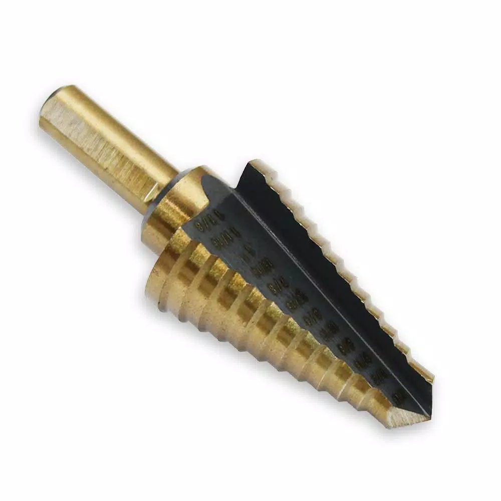 Drill Bits Stark 7/16 In. X 1-1/8 In. 10-Sizes Titanium Heavy-Impact HSS Step Drill Bit 3 Drill Bits Stark 7/16 In. X 1-1/8 In. 10-Sizes Titanium Heavy-Impact HSS Step Drill Bit
